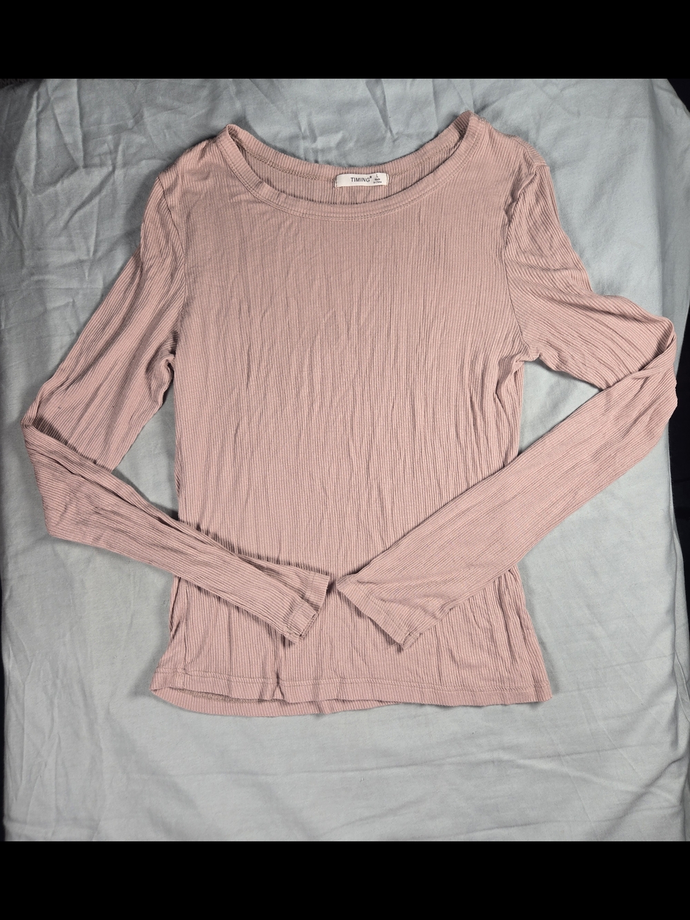 TIMING Women's Dusty Rose Solid Ribbed Knit Round Neck Long Sleeve Tee Size L